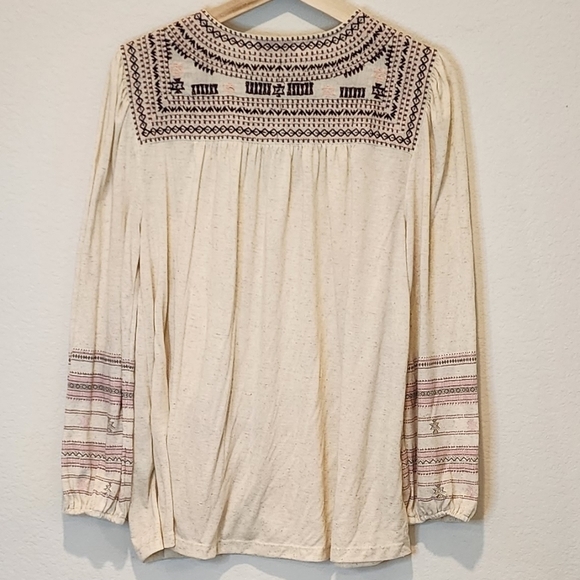 Lucky Brand Boho Top Cream and Pink/Brown Embroidered and Printed Accents 1X - Picture 3 of 6